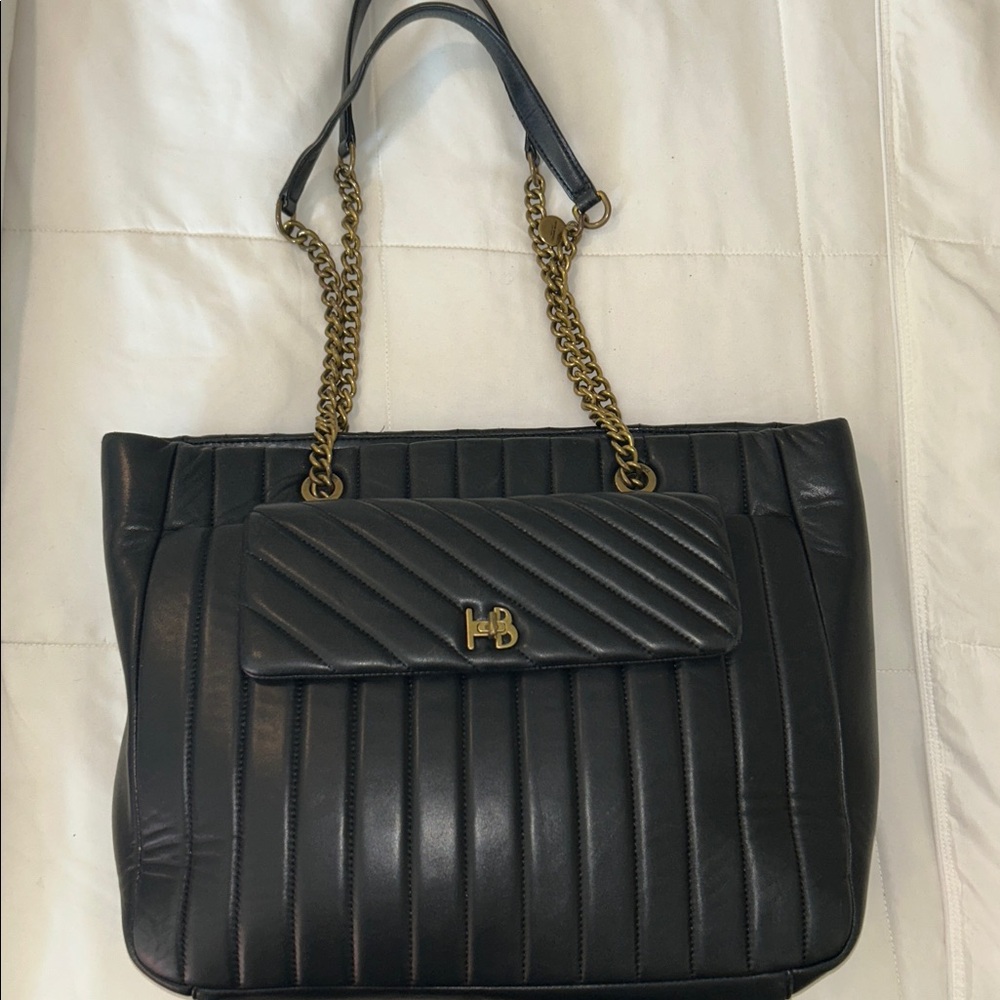Henri Bendel Black Quilted Tote Bag with Gold Chain